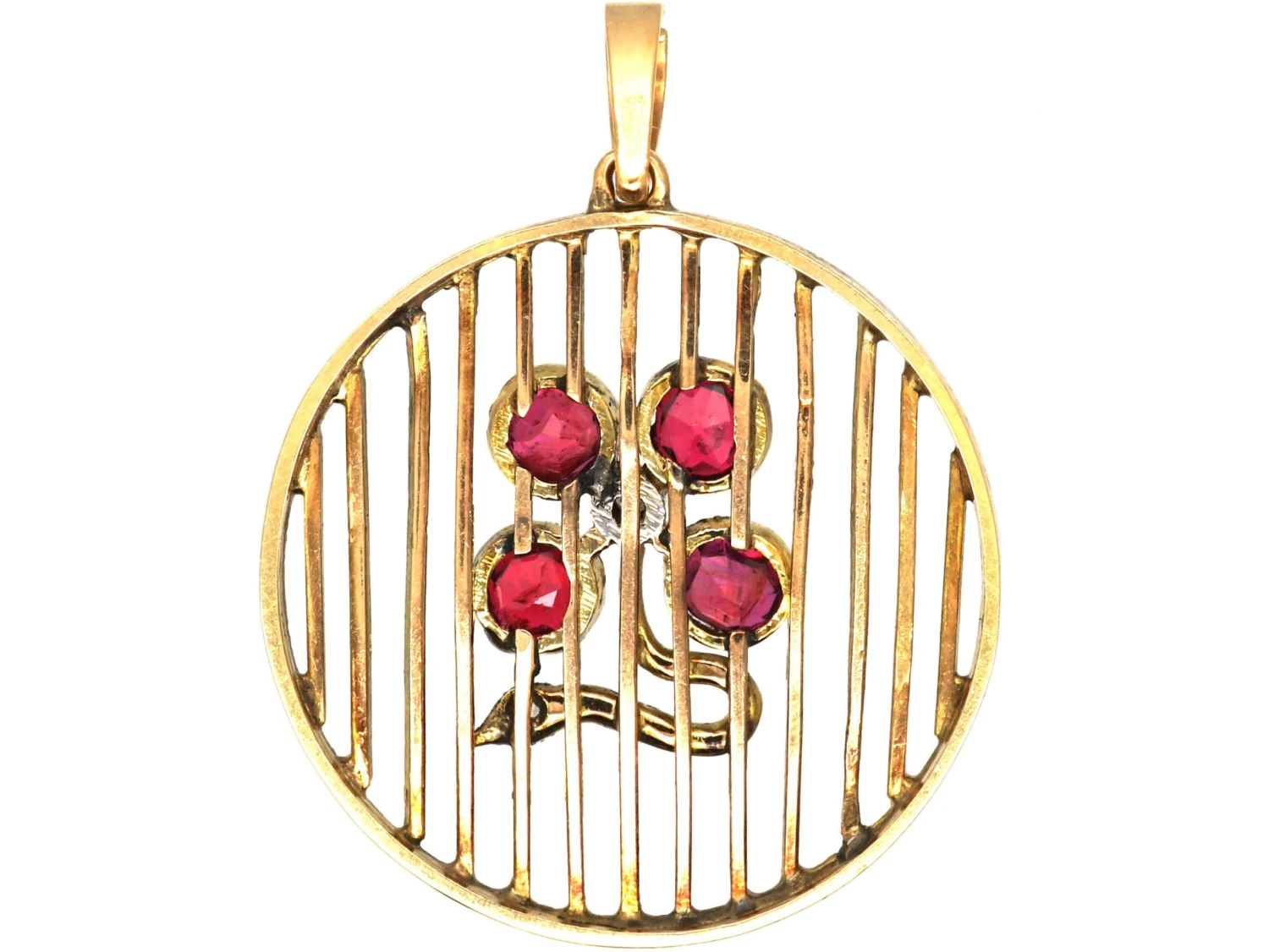 Art Deco 15ct Gold Round Pendant With Ruby & Rose Diamond Flower 5 Art Deco 15ct Gold Round Pendant With Ruby & Rose Diamond Flower - Image 3