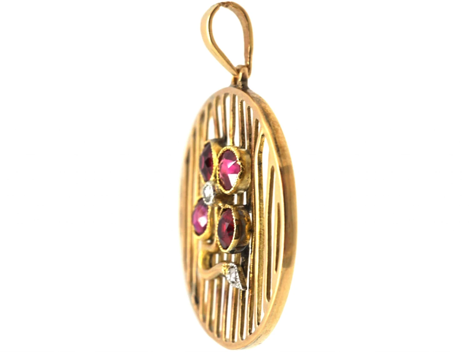 Art Deco 15ct Gold Round Pendant With Ruby & Rose Diamond Flower 4 Art Deco 15ct Gold Round Pendant With Ruby & Rose Diamond Flower - Image 2