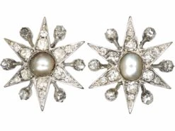 Edwardian 18ct White Gold Star Earrings Set With Diamonds & Natural Pearls