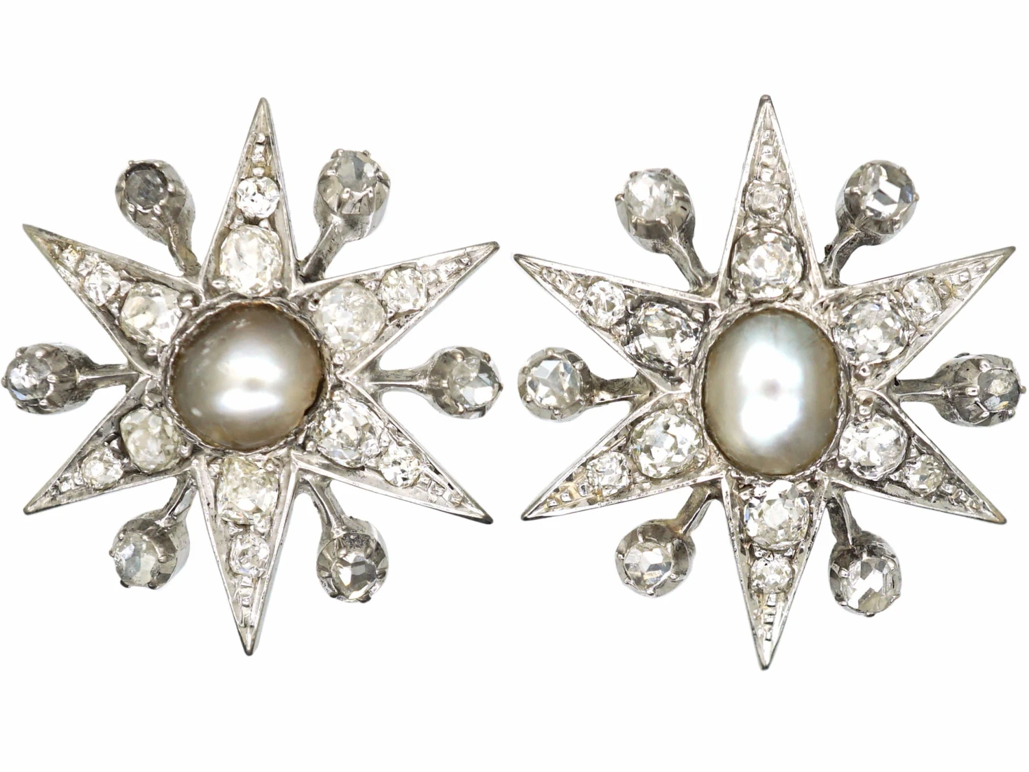 Edwardian 18ct White Gold Star Earrings Set With Diamonds & Natural Pearls 3 Edwardian 18ct White Gold Star Earrings Set With Diamonds & Natural Pearls