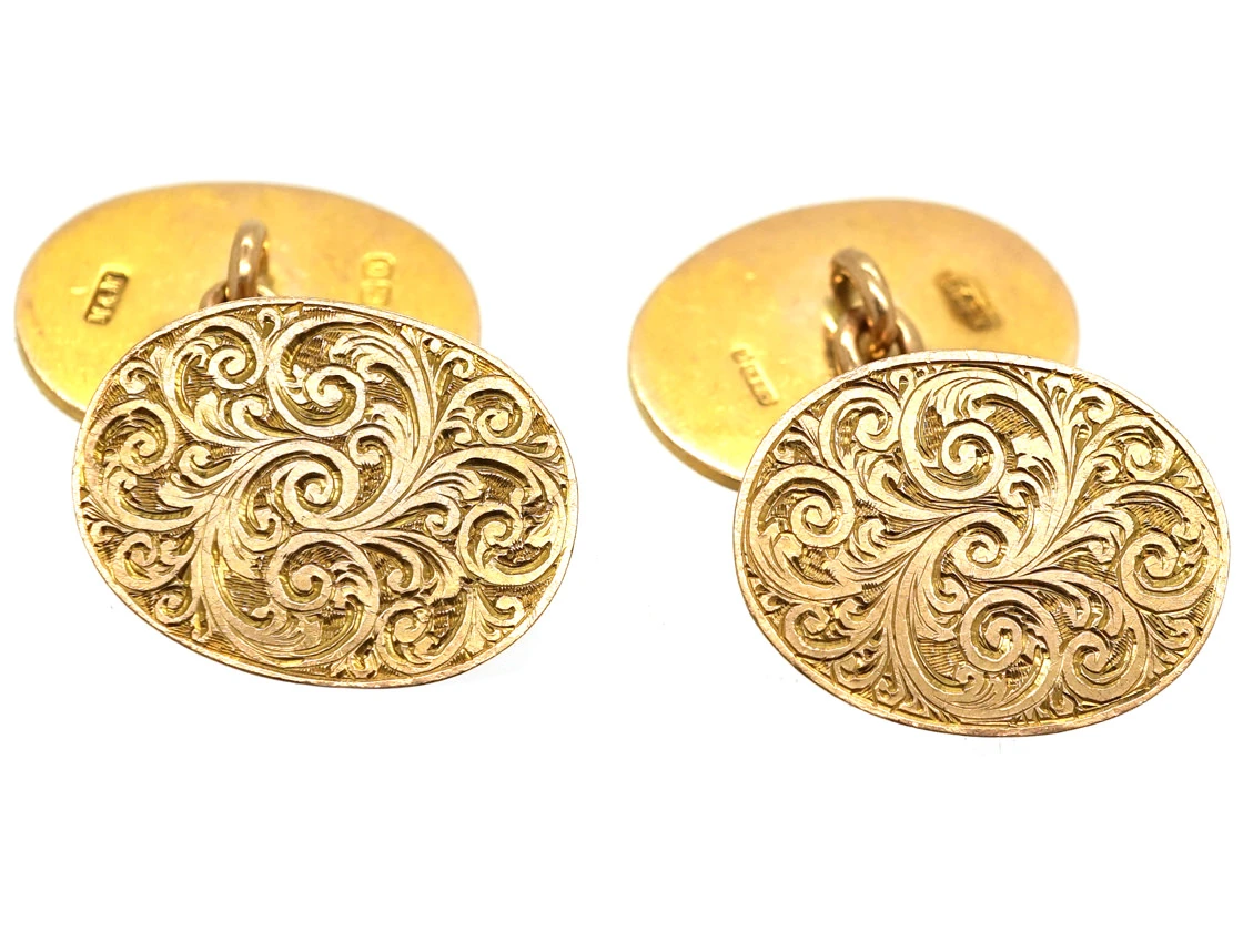 Victorian 9ct Gold Engraved Oval Cufflinks 5 Victorian 9ct Gold Engraved Oval Cufflinks - Image 3
