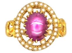 Victorian 18ct Gold, Star Ruby & Natural Split Pearl Cluster Ring