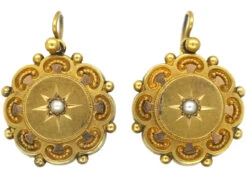 Victorian 15ct Gold Round Earrings Set With Natural Split Pearls