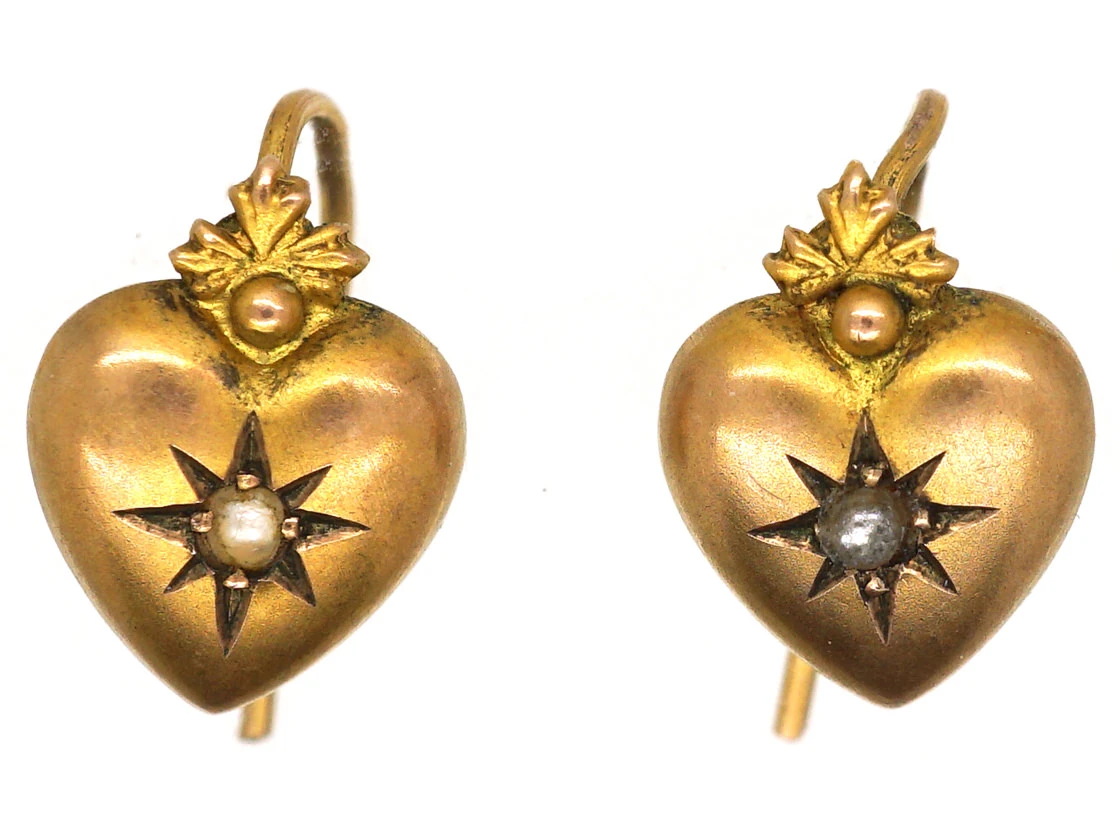 Edwardian 9ct Gold Heart Shaped Earrings Set With A Pearl 3 Edwardian 9ct Gold Heart Shaped Earrings Set With A Pearl