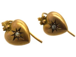 Edwardian 9ct Gold Heart Shaped Earrings Set With A Pearl 7 Edwardian 9ct Gold Heart Shaped Earrings Set With A Pearl -Antique Jewellery Company DSC09692 1