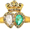 Victorian 18ct Gold Double Heart Ring Set With An Emerald & Diamonds