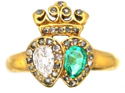 Victorian 18ct Gold Double Heart Ring Set With An Emerald & Diamonds