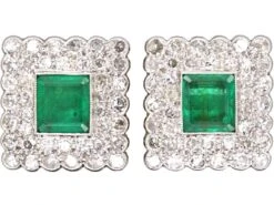 Art Deco 18ct Gold & Platinum Square Earrings Set With Emeralds & Diamonds
