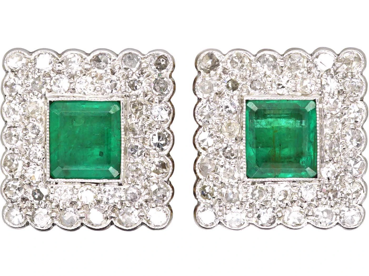 Art Deco 18ct Gold & Platinum Square Earrings Set With Emeralds & Diamonds 3 Art Deco 18ct Gold & Platinum Square Earrings Set With Emeralds & Diamonds