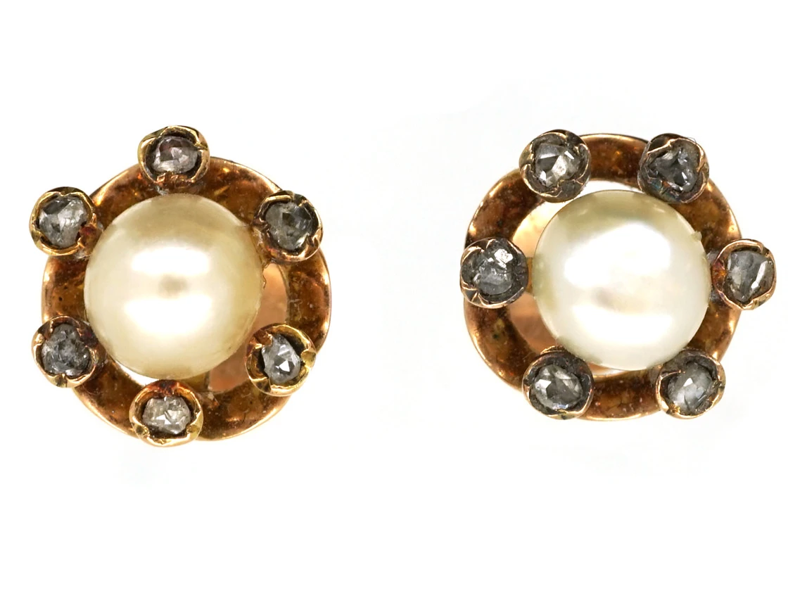 Edwardian Rose Diamond & Natural Pearl Round Earrings 3 Edwardian Rose Diamond & Natural Pearl Round Earrings