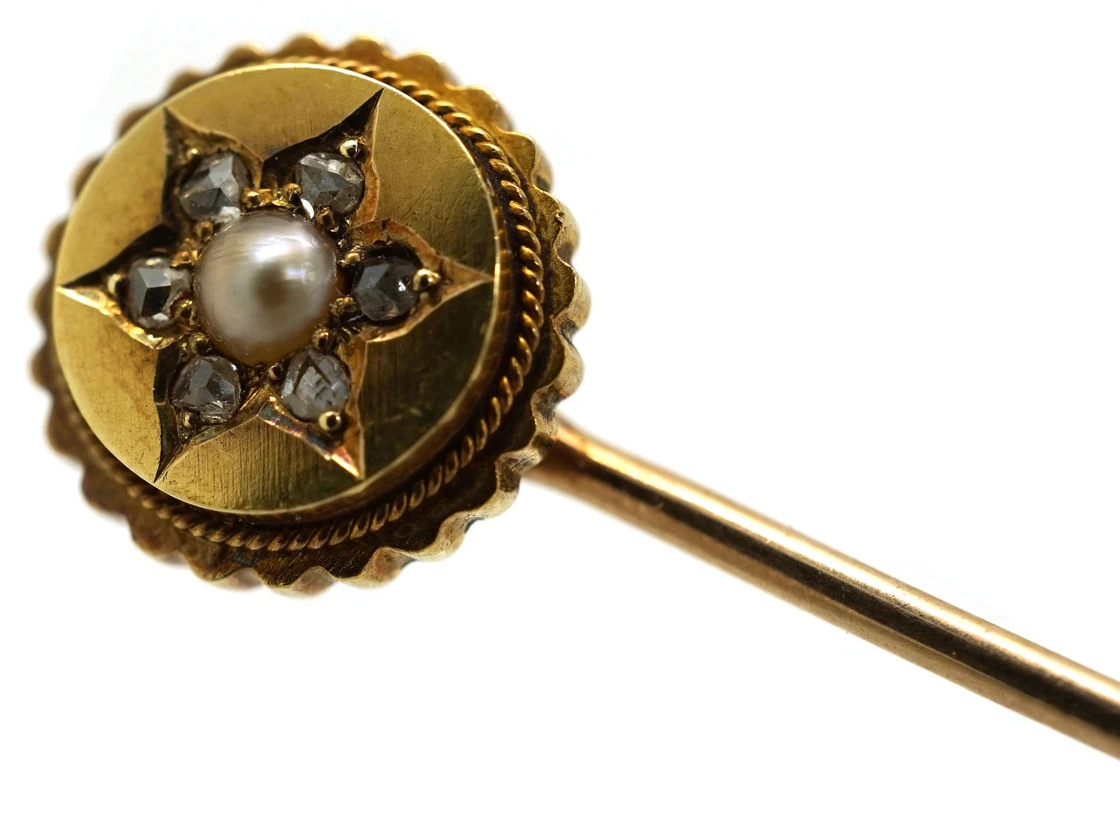 Edwardian 15ct Gold, Natural Pearl & Rose Diamond Tie Pin 6 Edwardian 15ct Gold, Natural Pearl & Rose Diamond Tie Pin - Image 4