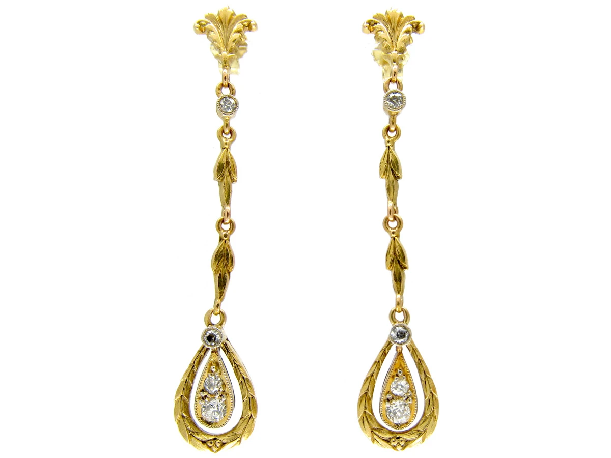 Austrian 14ct Gold & Diamond Edwardian Drop Earrings 4 Austrian 14ct Gold & Diamond Edwardian Drop Earrings - Image 2