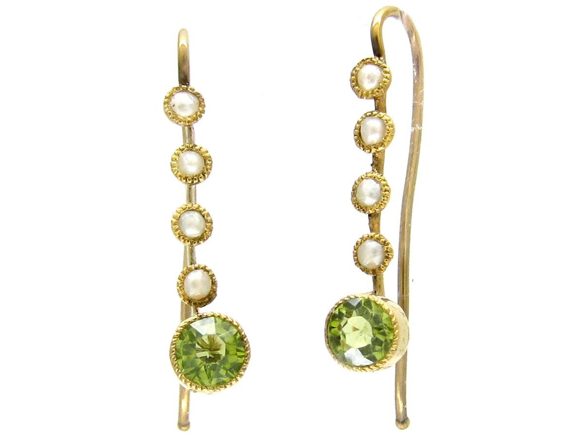 Edwardian Natural Split Pearl & Peridot Drop Earrings 3 Edwardian Natural Split Pearl & Peridot Drop Earrings