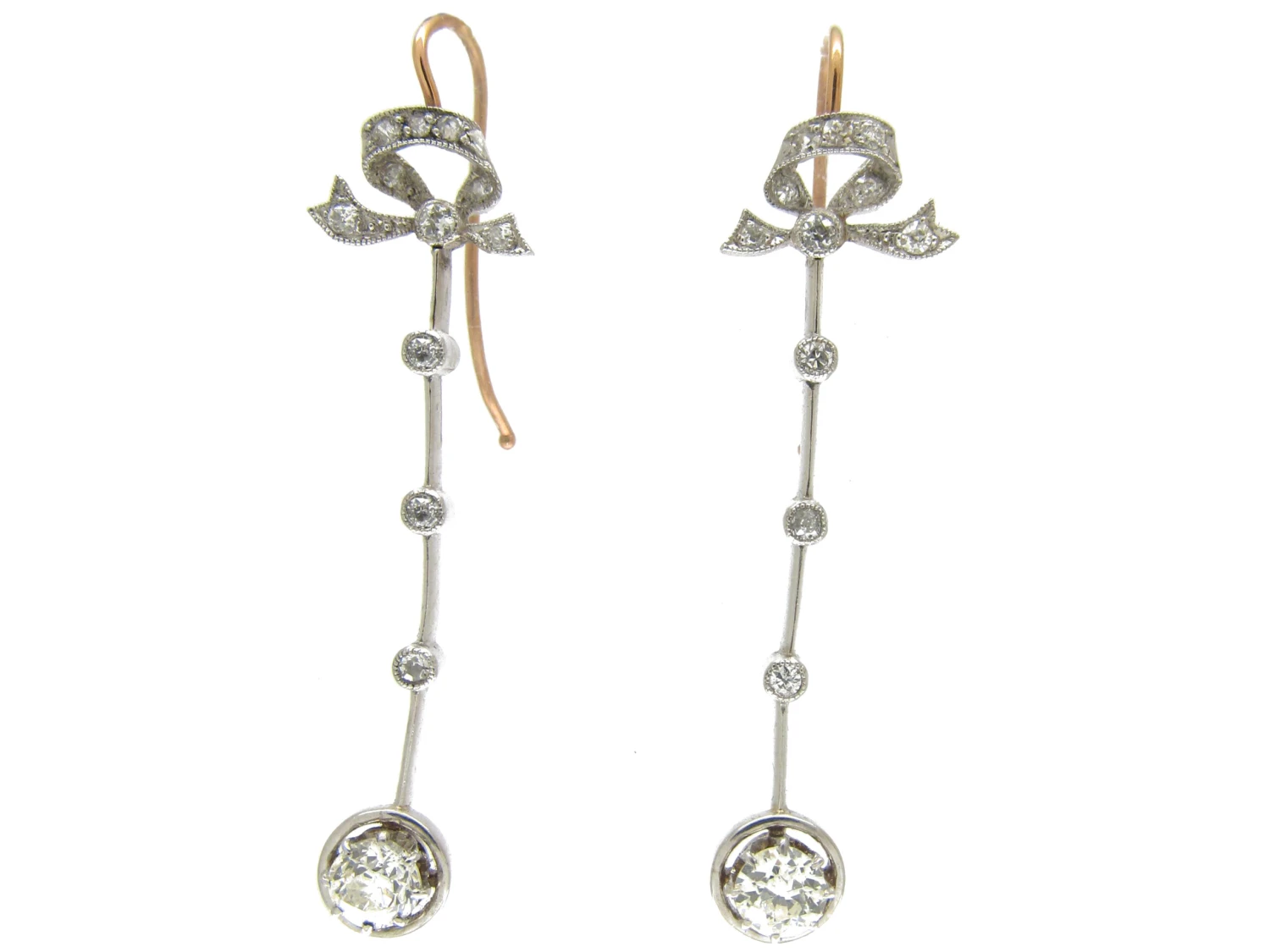 Edwardian Bow Top Platinum & Diamond Drop Earrings 3 Edwardian Bow Top Platinum & Diamond Drop Earrings