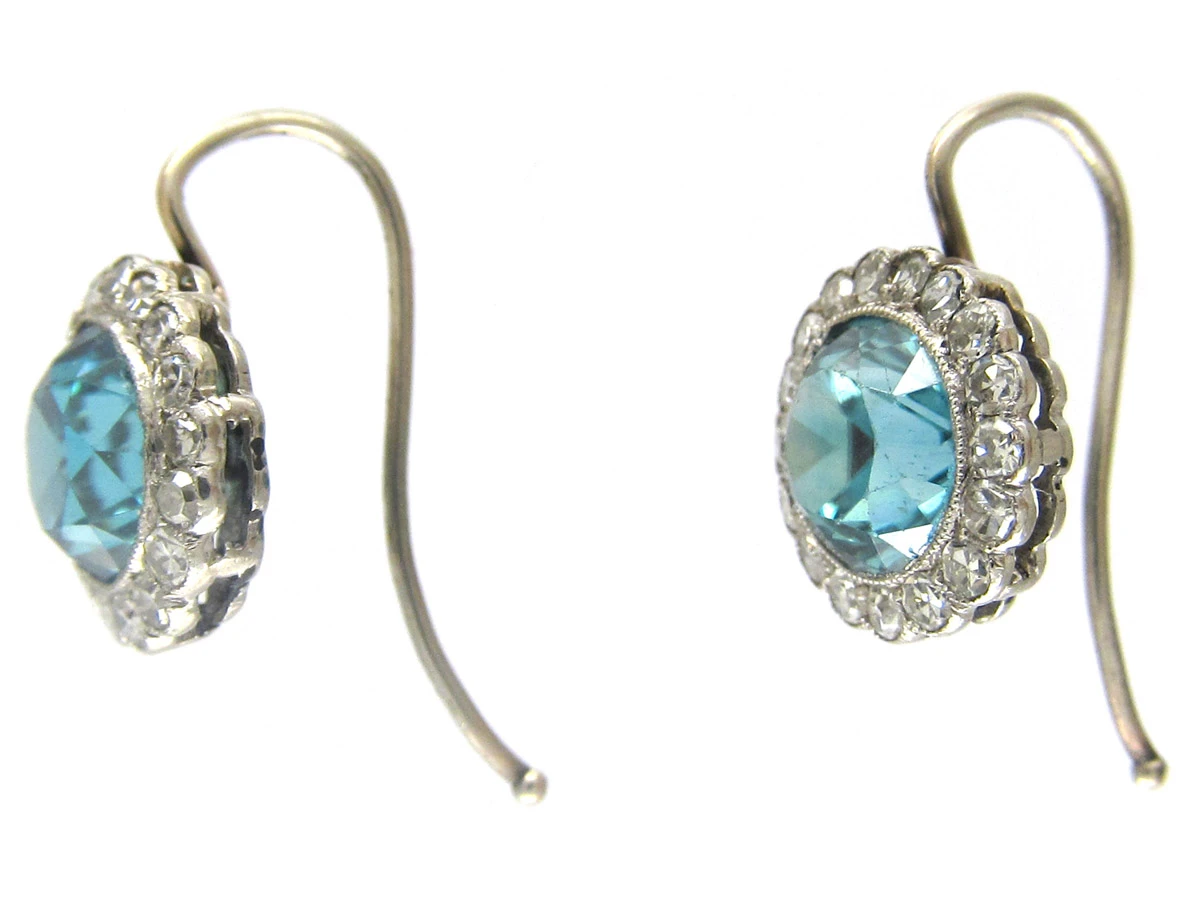 Edwardian Blue Zircon & Diamond Cluster Earrings 5 Edwardian Blue Zircon & Diamond Cluster Earrings - Image 3