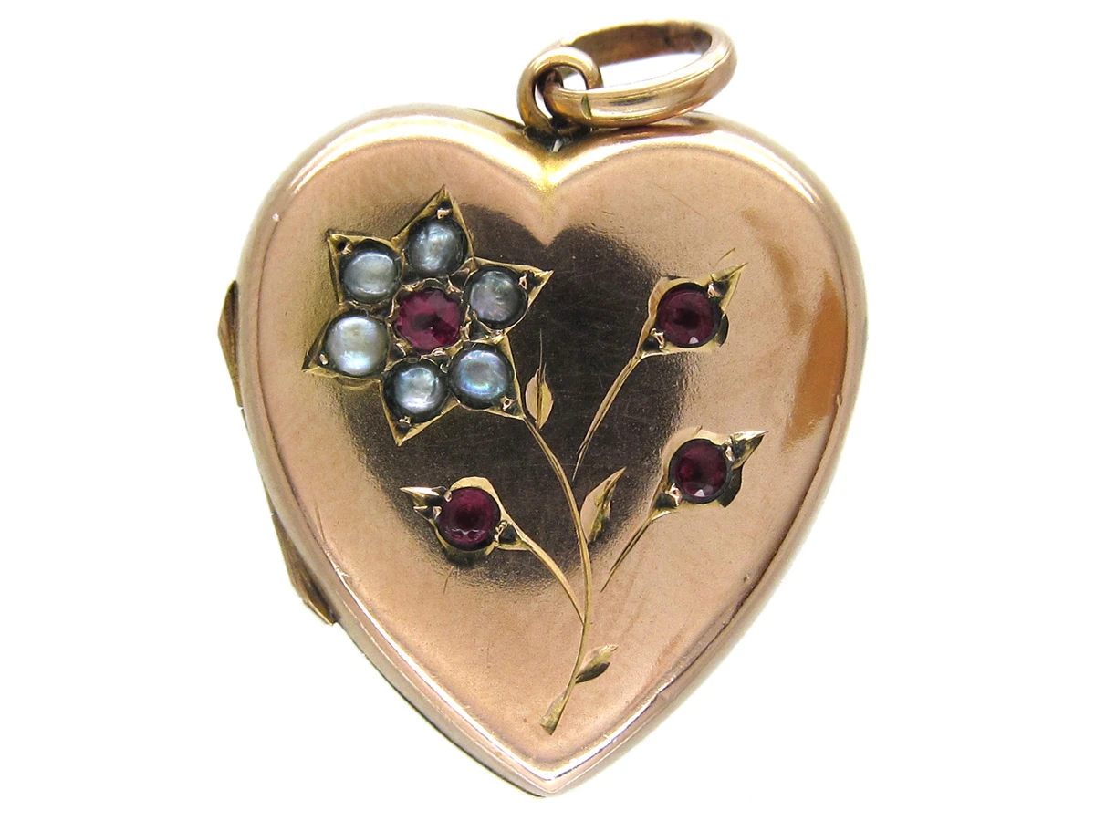 Garnet & Pearl Flower Heart Locket 3 Garnet & Pearl Flower Heart Locket