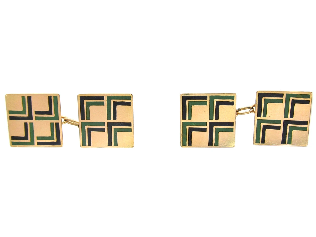 Art Deco Green & Black Enamel 18ct Gold Cufflinks 3 Art Deco Green & Black Enamel 18ct Gold Cufflinks