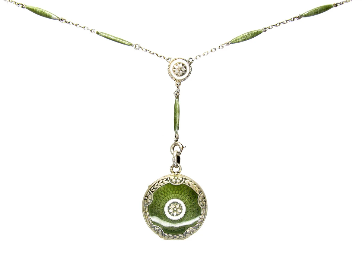 Art Deco Green Enamel & Silver Pendant On Original Chain 7 Art Deco Green Enamel & Silver Pendant On Original Chain - Image 5