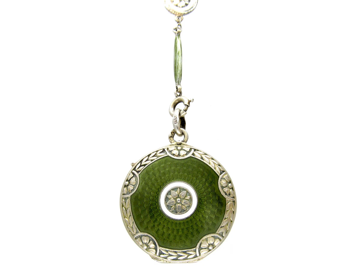 Art Deco Green Enamel & Silver Pendant On Original Chain 5 Art Deco Green Enamel & Silver Pendant On Original Chain - Image 3