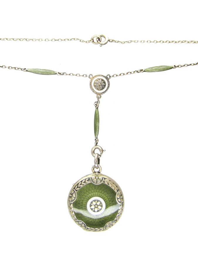 Art Deco Green Enamel & Silver Pendant On Original Chain 9 Art Deco Green Enamel & Silver Pendant On Original Chain - Image 7