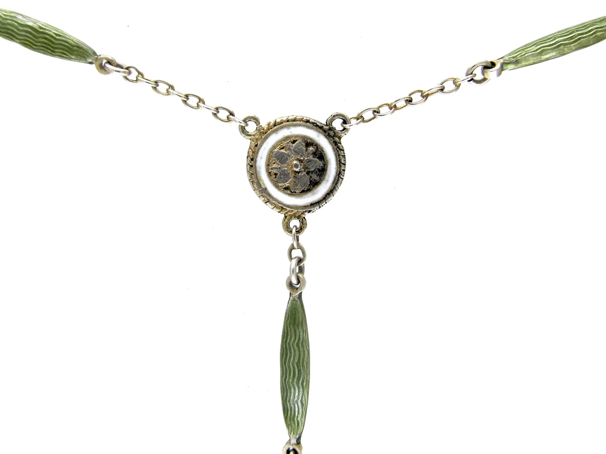 Art Deco Green Enamel & Silver Pendant On Original Chain 8 Art Deco Green Enamel & Silver Pendant On Original Chain - Image 6