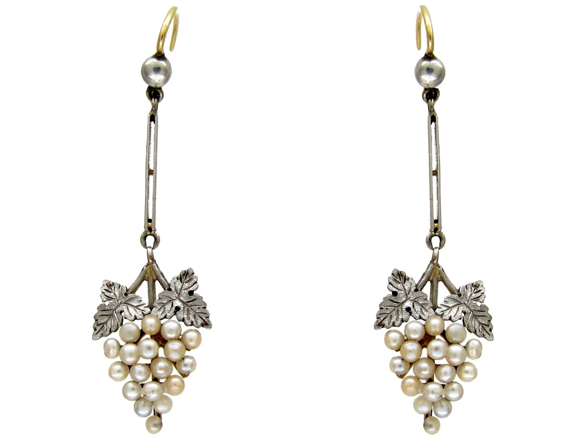 Edwardian 15ct Gold, Platinum & Natural Pearl Grape Drop Earrings 3 Edwardian 15ct Gold, Platinum & Natural Pearl Grape Drop Earrings