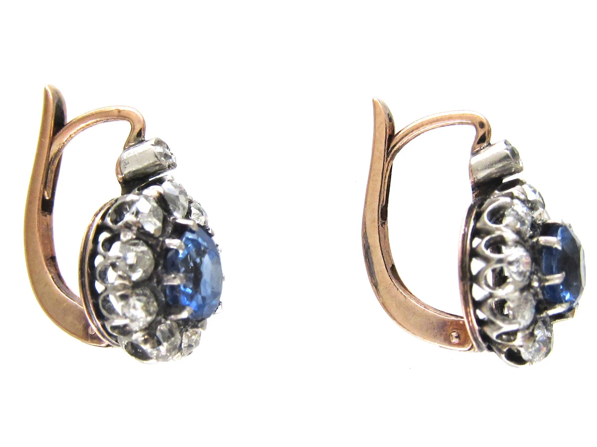 Edwardian Sapphire & Diamond Cluster Earrings 4 Edwardian Sapphire & Diamond Cluster Earrings - Image 2