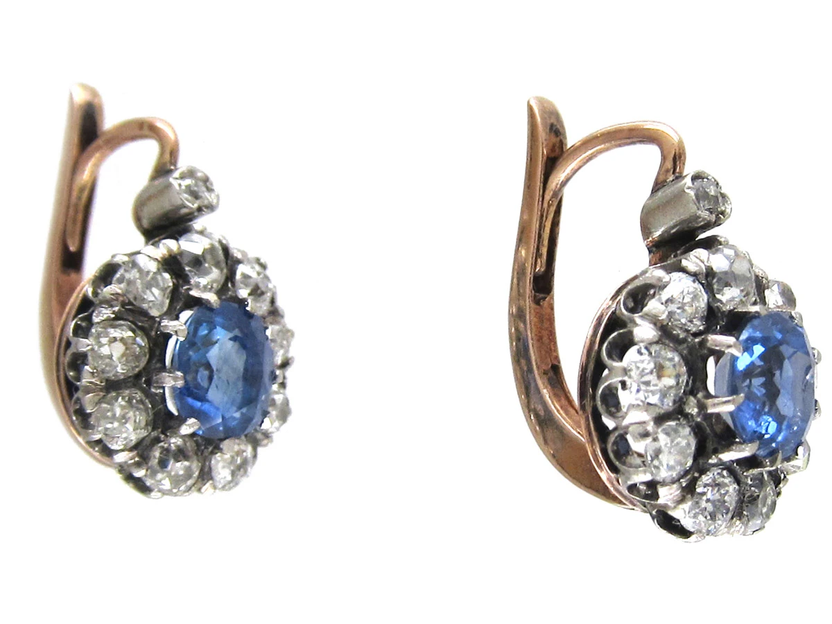 Edwardian Sapphire & Diamond Cluster Earrings 5 Edwardian Sapphire & Diamond Cluster Earrings - Image 3