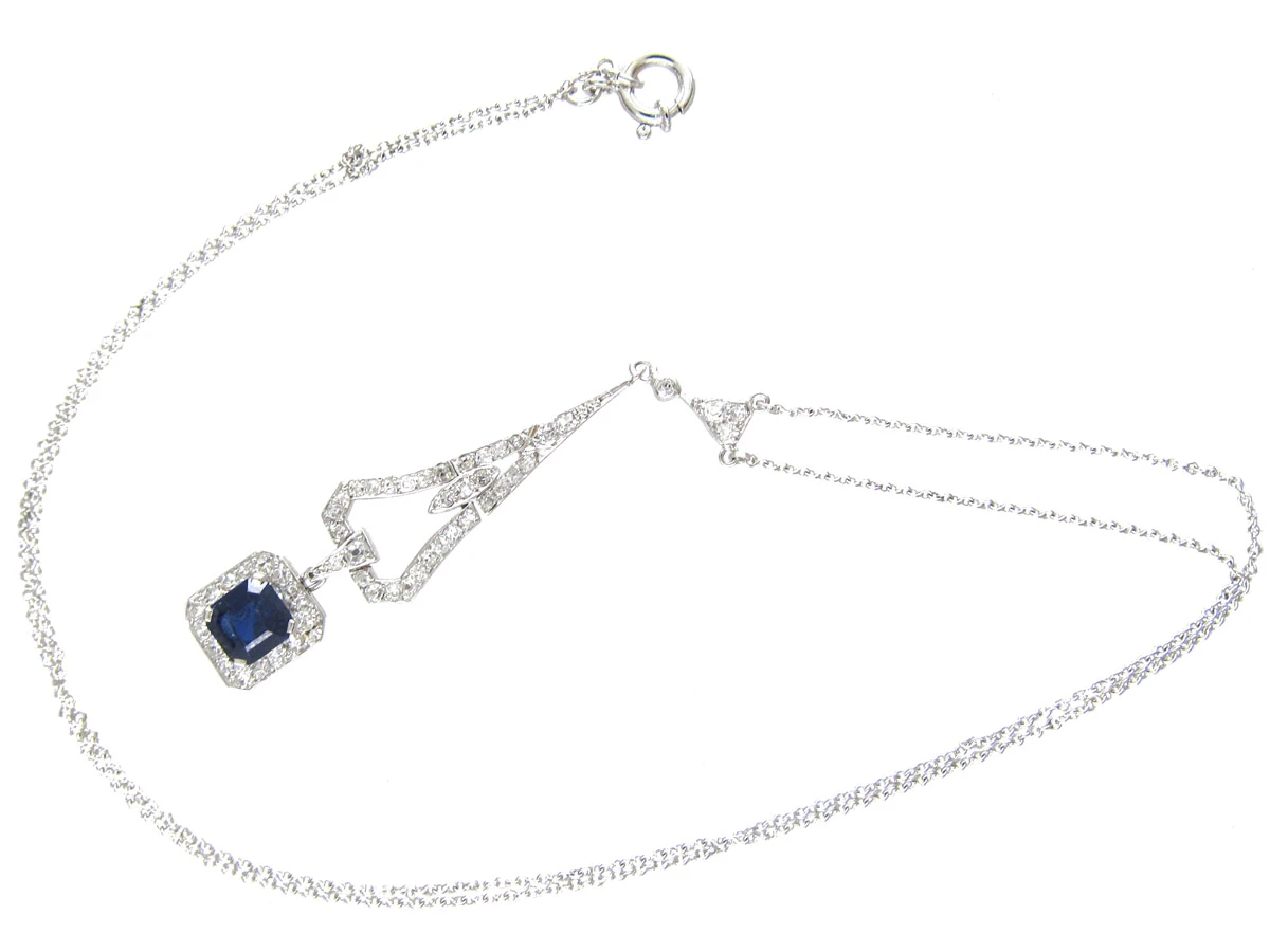 Art Deco Sapphire & Diamond Pendant On Chain 5 Art Deco Sapphire & Diamond Pendant On Chain - Image 3