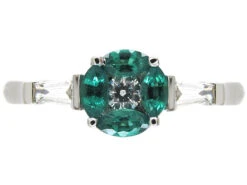 Emerald & Diamond Cluster Ring With Baguette Diamond Sides