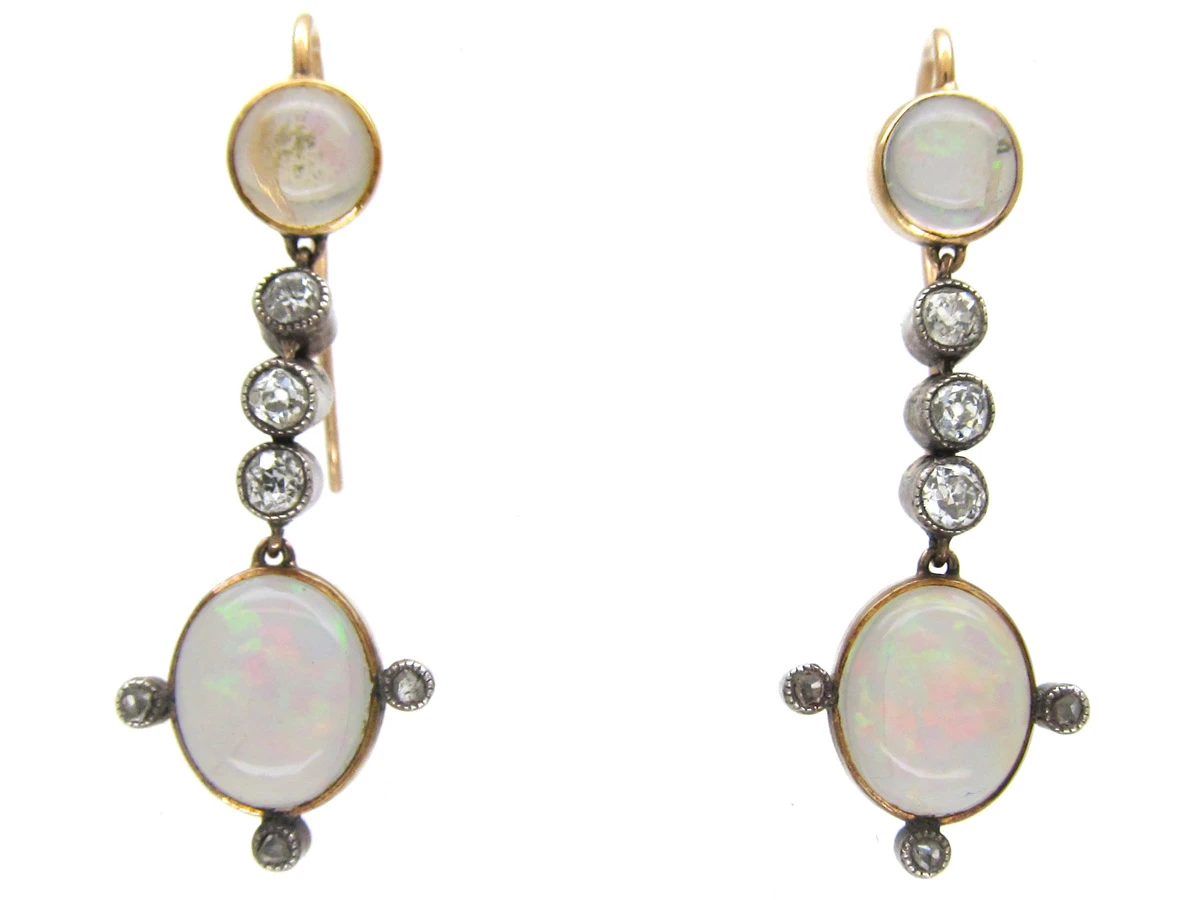 Water Opal & Diamond Drop Edwardian Earrings 3 Water Opal & Diamond Drop Edwardian Earrings