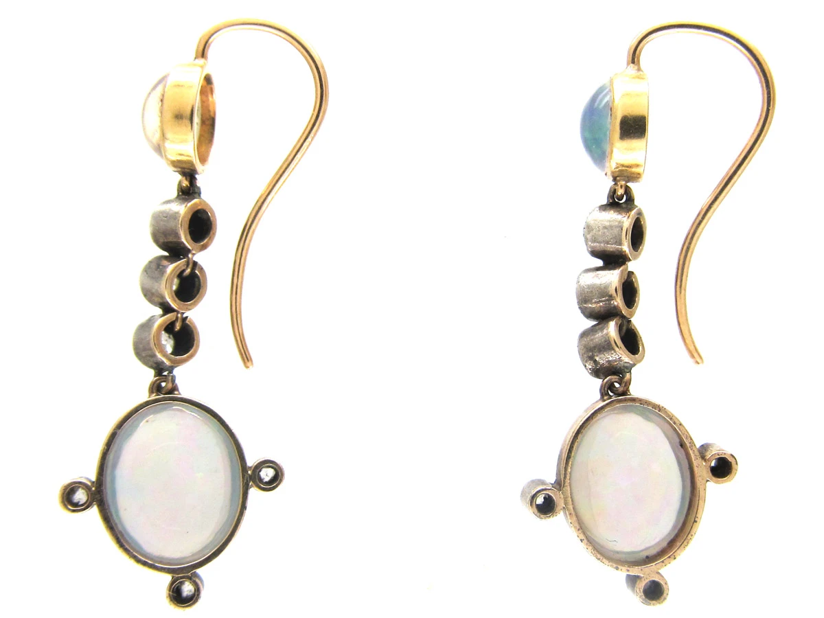 Water Opal & Diamond Drop Edwardian Earrings 4 Water Opal & Diamond Drop Edwardian Earrings - Image 2