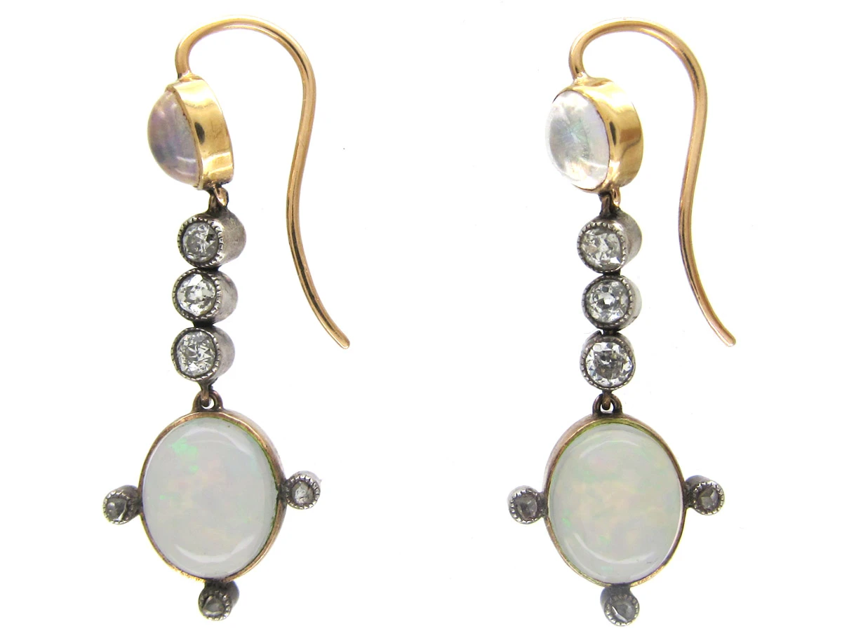 Water Opal & Diamond Drop Edwardian Earrings 5 Water Opal & Diamond Drop Edwardian Earrings - Image 3