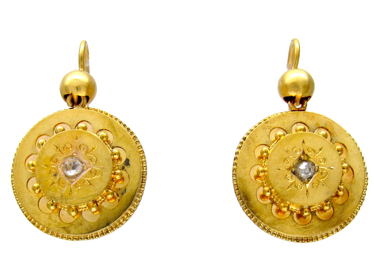 Victorian 15ct Gold & Diamond Round Etruscan Style Earrings 3 Victorian 15ct Gold & Diamond Round Etruscan Style Earrings