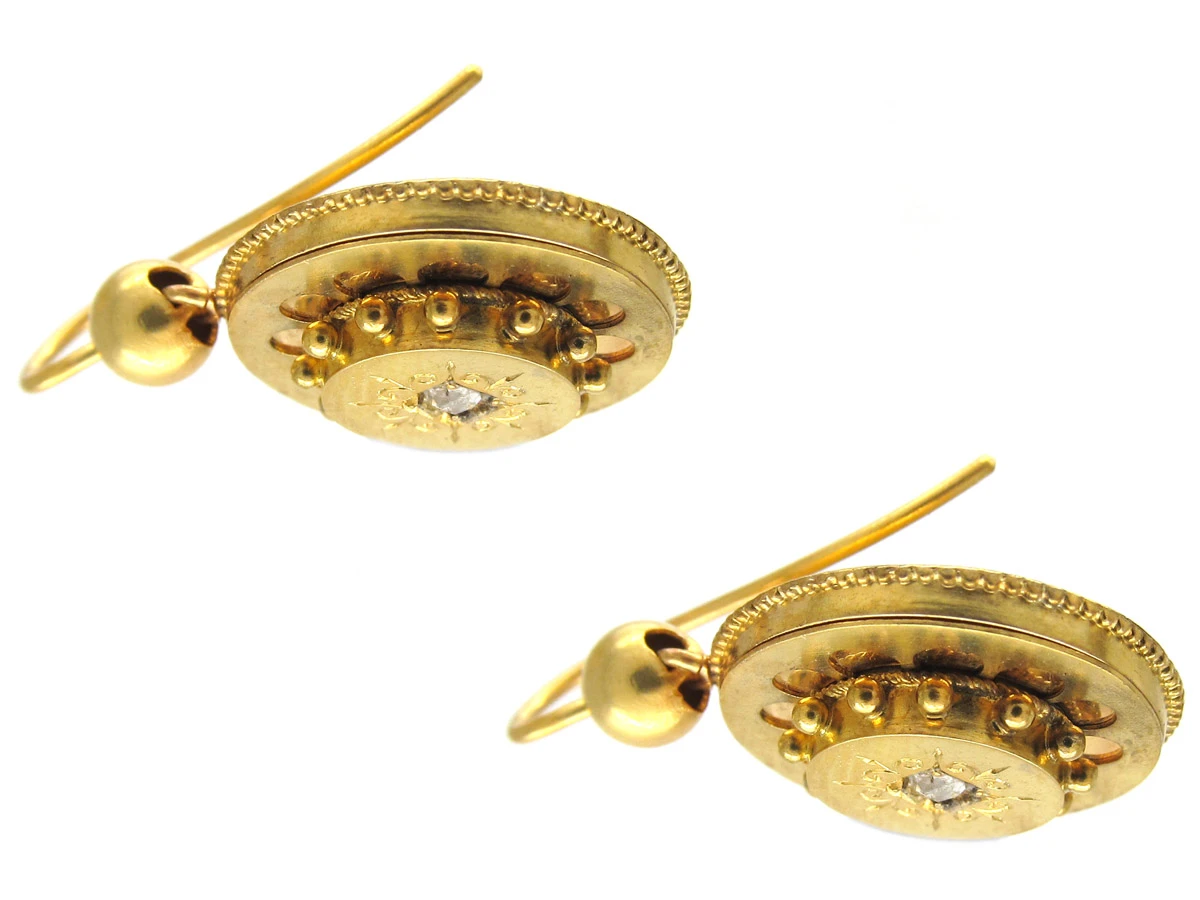 Victorian 15ct Gold & Diamond Round Etruscan Style Earrings 6 Victorian 15ct Gold & Diamond Round Etruscan Style Earrings - Image 4