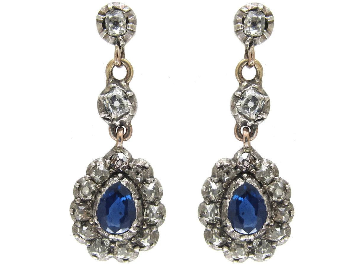 Georgian Sapphire & Diamond Drop Earrings 3 Georgian Sapphire & Diamond Drop Earrings