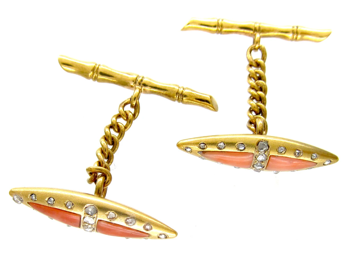 Victorian 18ct Gold Coral & Diamond Cufflinks 3 Victorian 18ct Gold Coral & Diamond Cufflinks