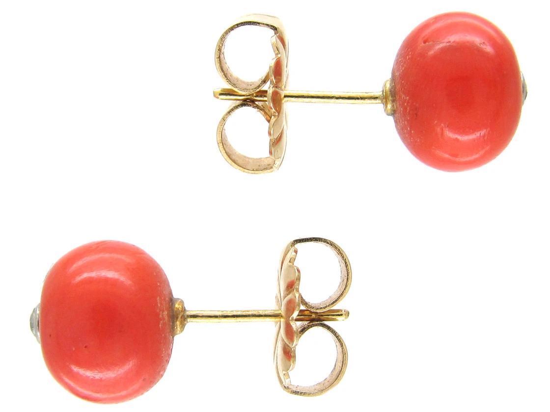 Victorian Coral & Diamond Button Earrings 5 Victorian Coral & Diamond Button Earrings - Image 3