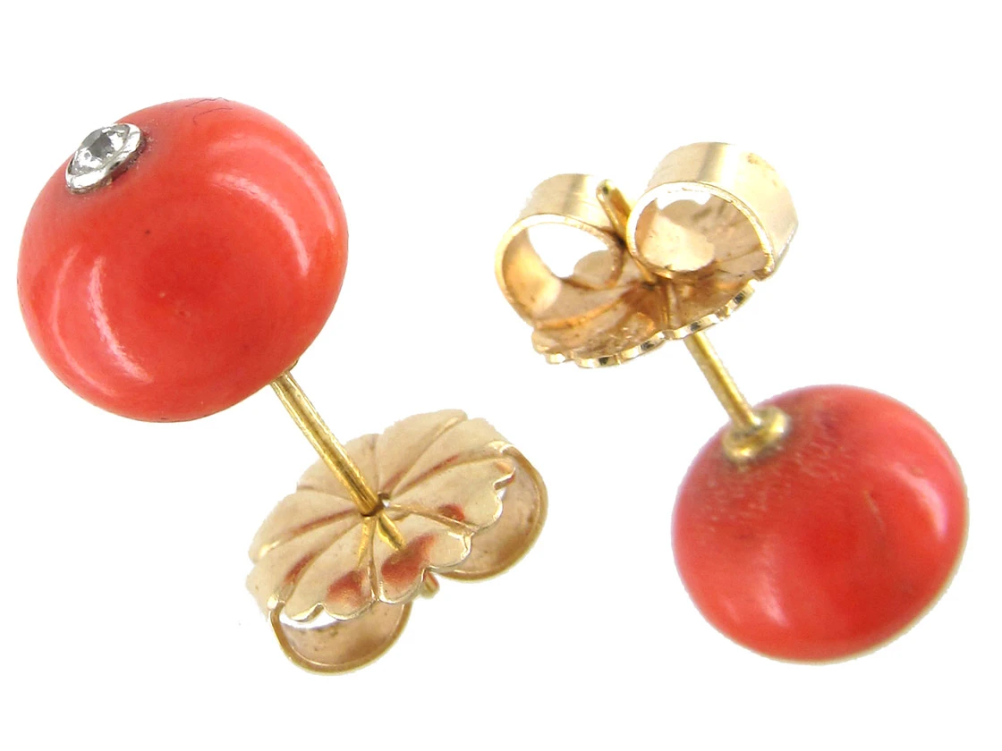Victorian Coral & Diamond Button Earrings 6 Victorian Coral & Diamond Button Earrings - Image 4