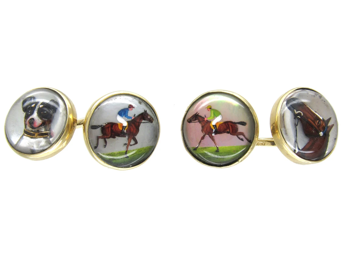15ct Gold & Rock Crystal Cufflinks Of A Jack Russell, Racing & A Horse Head 3 15ct Gold & Rock Crystal Cufflinks Of A Jack Russell, Racing & A Horse Head