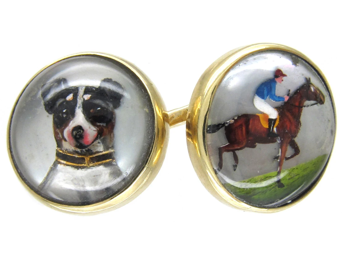 15ct Gold & Rock Crystal Cufflinks Of A Jack Russell, Racing & A Horse Head 4 15ct Gold & Rock Crystal Cufflinks Of A Jack Russell, Racing & A Horse Head - Image 2