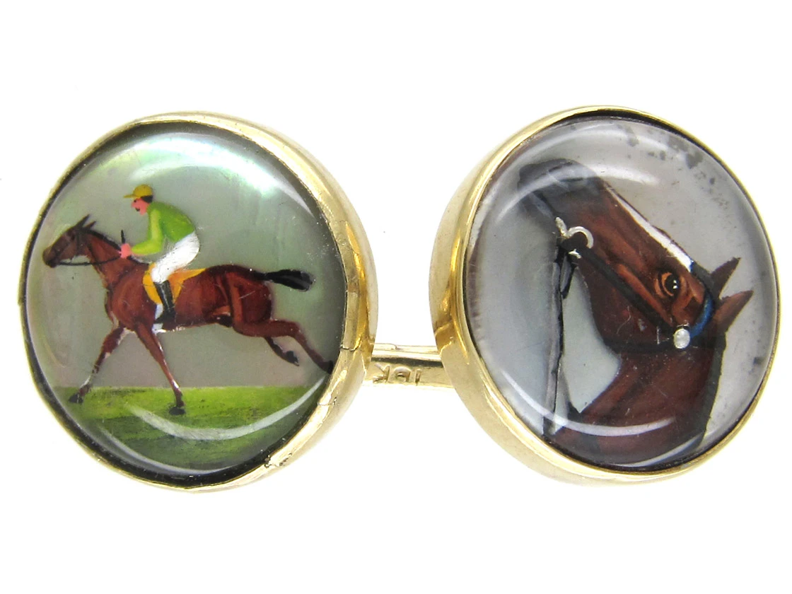 15ct Gold & Rock Crystal Cufflinks Of A Jack Russell, Racing & A Horse Head 5 15ct Gold & Rock Crystal Cufflinks Of A Jack Russell, Racing & A Horse Head - Image 3
