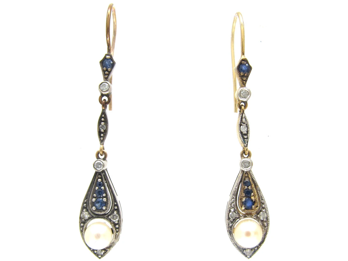 Sapphire, Diamond & Pearl Art Deco Drop Earrings 3 Sapphire, Diamond & Pearl Art Deco Drop Earrings