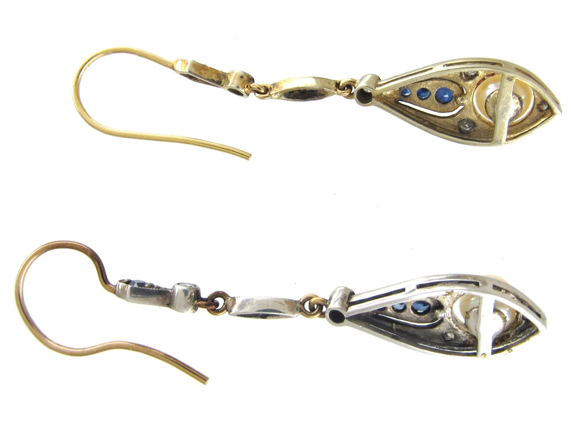 Sapphire, Diamond & Pearl Art Deco Drop Earrings 5 Sapphire, Diamond & Pearl Art Deco Drop Earrings - Image 3