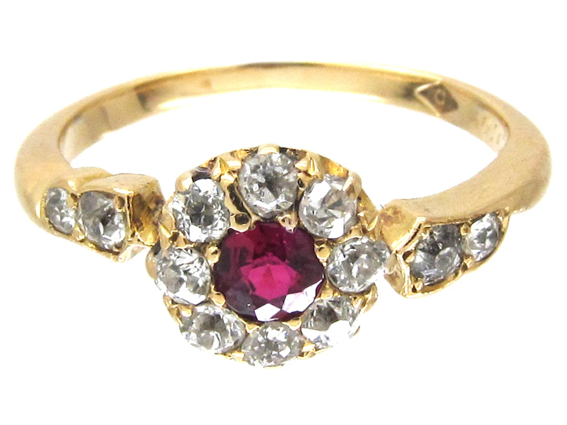 Edwardian Ruby & Diamond Cluster Ring With Diamond Shoulders 6 Edwardian Ruby & Diamond Cluster Ring With Diamond Shoulders - Image 4