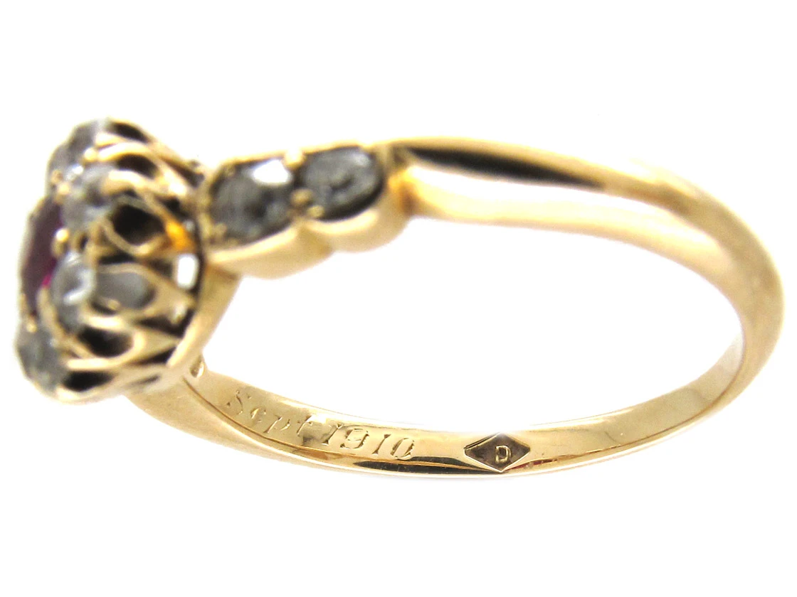 Edwardian Ruby & Diamond Cluster Ring With Diamond Shoulders 8 Edwardian Ruby & Diamond Cluster Ring With Diamond Shoulders - Image 6