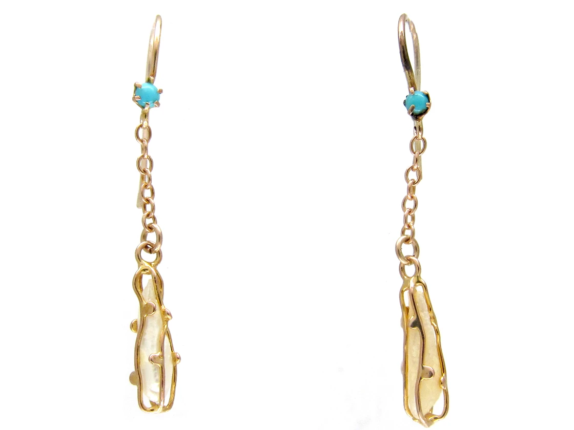 Art Nouveau 9ct Gold Caged Pearl & Turquoise Earrings 3 Art Nouveau 9ct Gold Caged Pearl & Turquoise Earrings