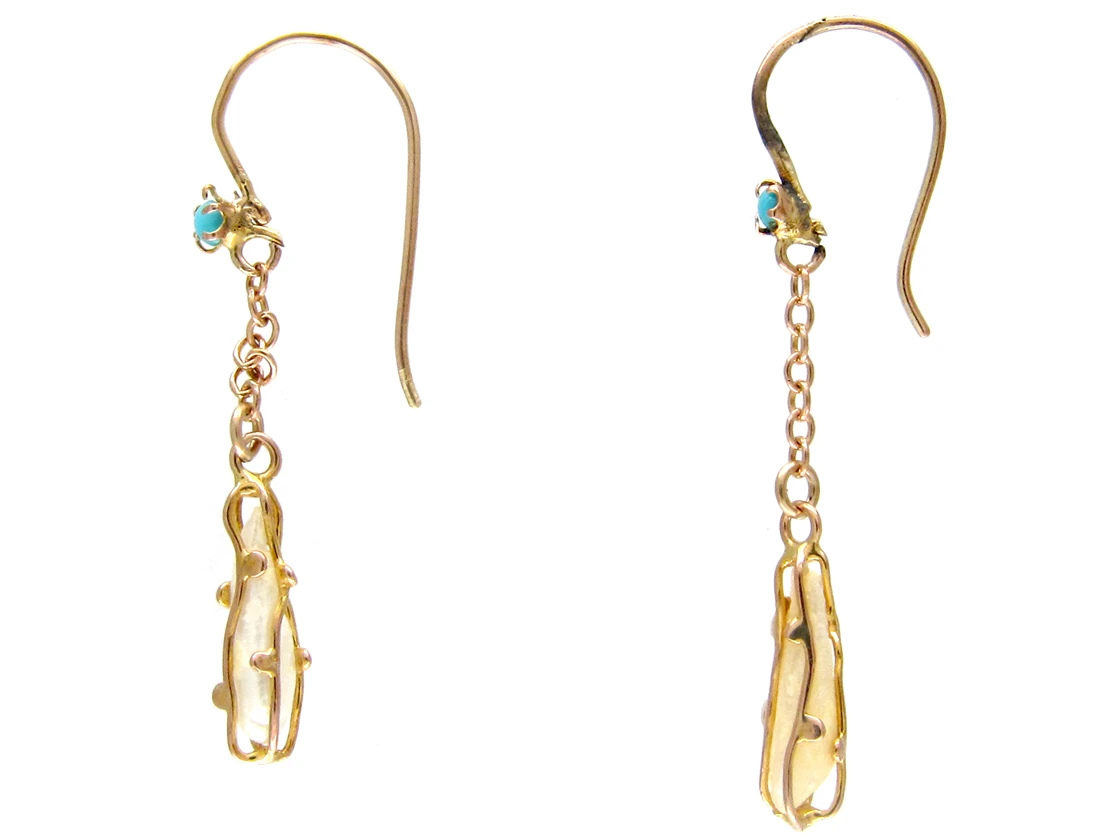 Art Nouveau 9ct Gold Caged Pearl & Turquoise Earrings 4 Art Nouveau 9ct Gold Caged Pearl & Turquoise Earrings - Image 2