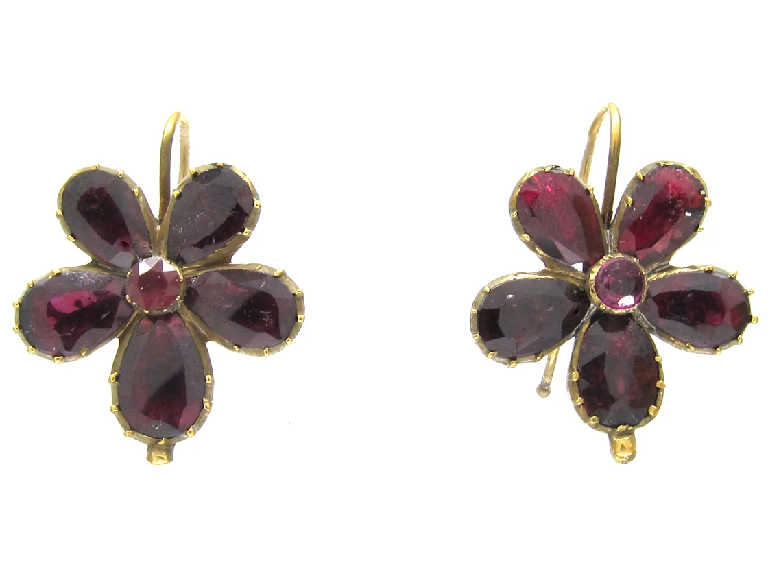 Georgian Flat Cut Almandine Garnet Pansy Earrings 3 Georgian Flat Cut Almandine Garnet Pansy Earrings
