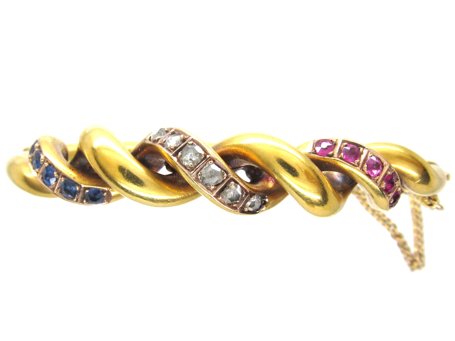 Edwardian 15ct Gold Ruby, Sapphire & Diamond Bangle 3 Edwardian 15ct Gold Ruby, Sapphire & Diamond Bangle